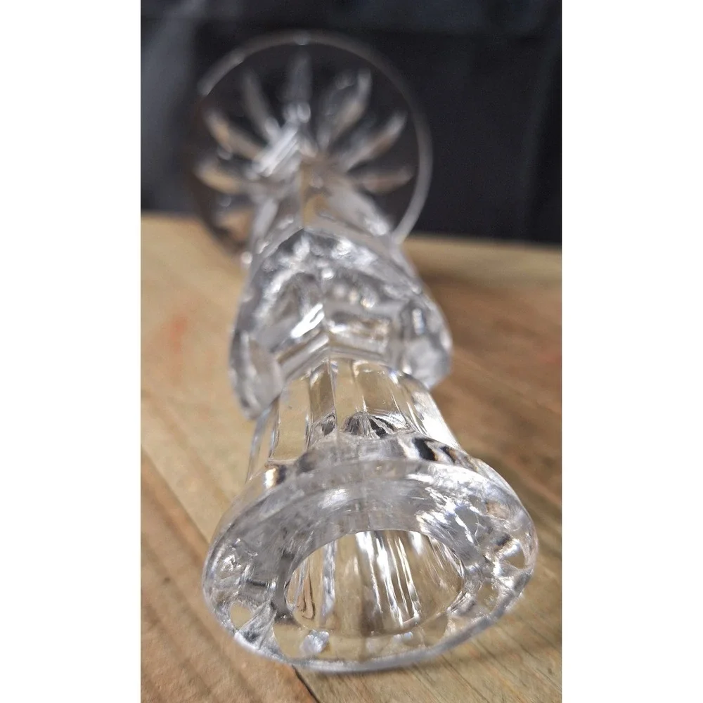 Vintage Etched Crystal Rose Candlestick Holder Faceted Glass Starburst Base 7.5